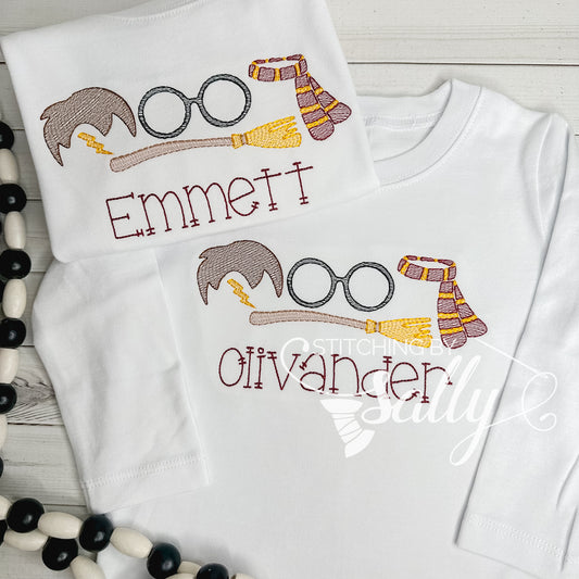 Two white shirts with a cute Harry Potter embroidery design. Names are embroidered underneath