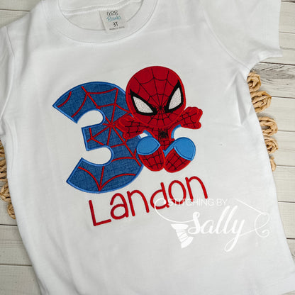 Red and Blue spider man applique birthday shirt