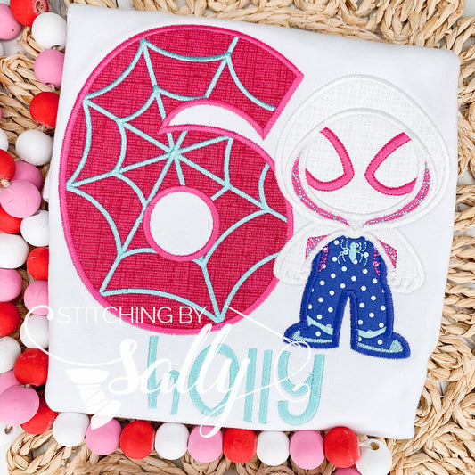 Ghost Spider Applique Birthday Shirt, Pink spider 