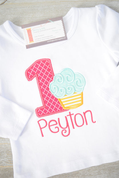 Girls Cupcake First Birthday Appliqué Shirt