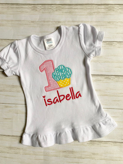 Girls Cupcake First Birthday Appliqué Shirt