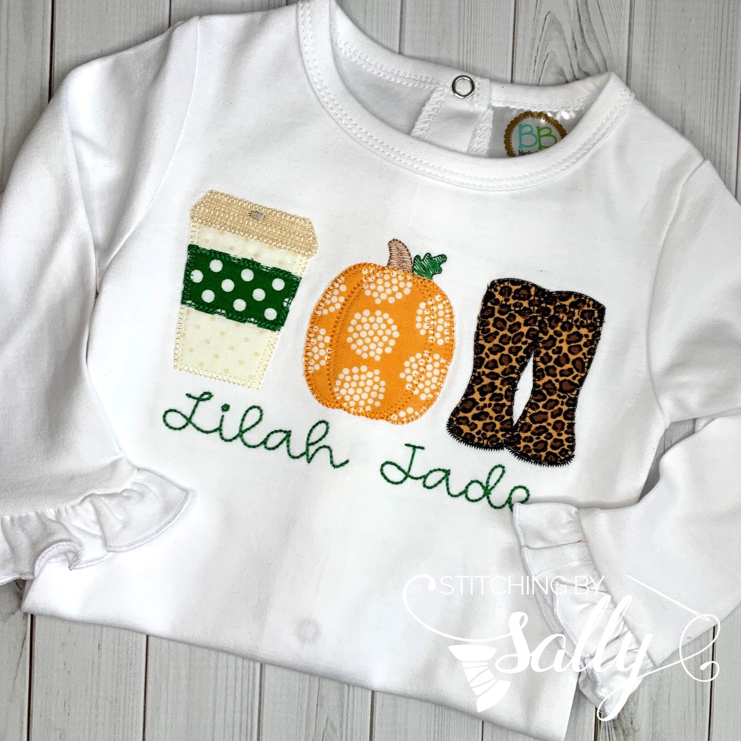 Girls Fall Trio Applique Shirt, Latte Pumpkin and Leopard Boots