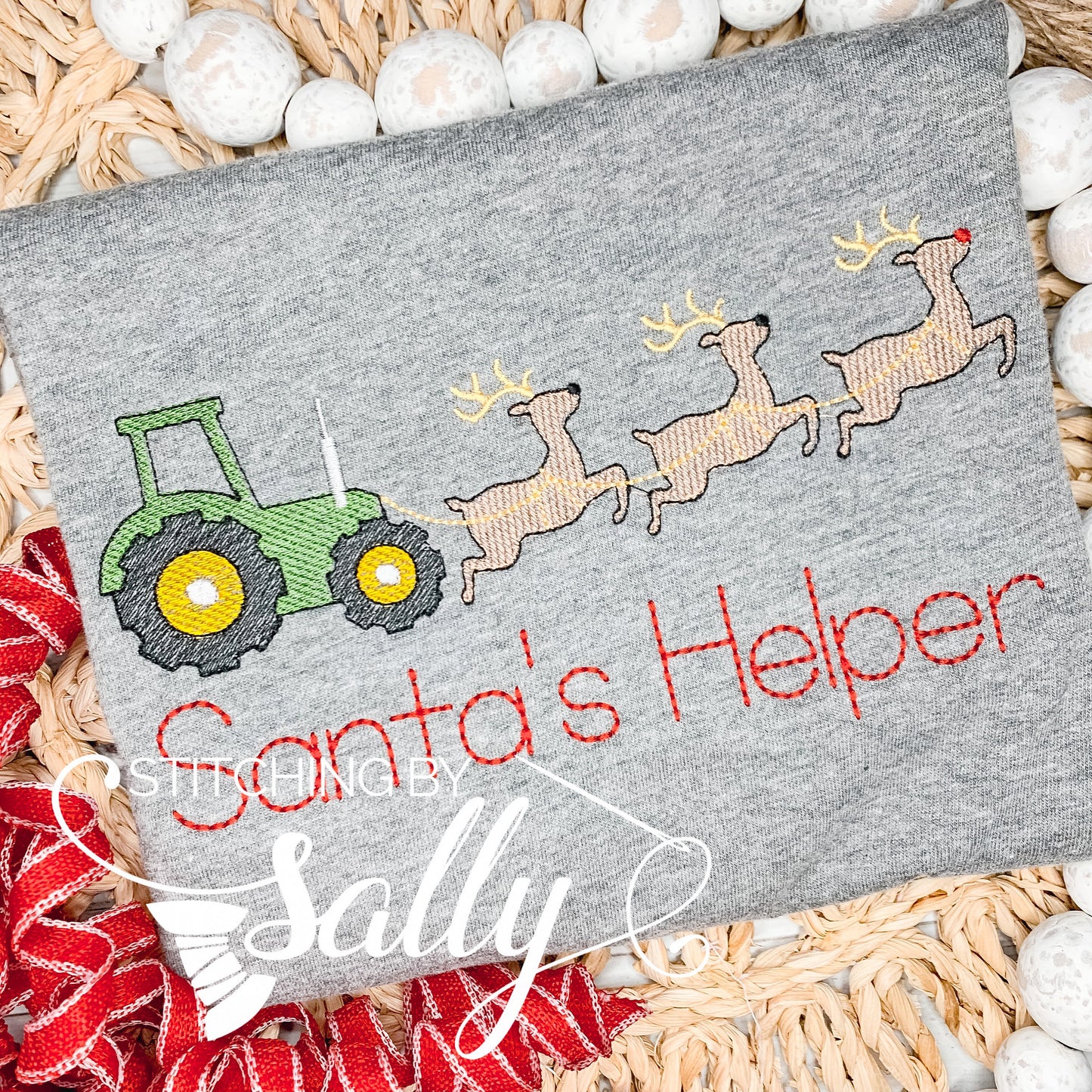 Reindeer pulling Tractor Embroidered Shirt