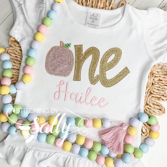 Pink and Gold Pumpkin First Birthday Appliqué Shirt