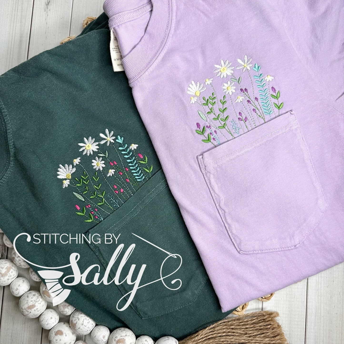 Wildflower Embroidered Comfort Colors Pocket T-Shirt, Embroidered Flower Shirt