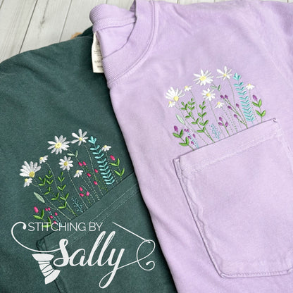 Wildflower Embroidered Comfort Colors Pocket T-Shirt, Embroidered Flower Shirt