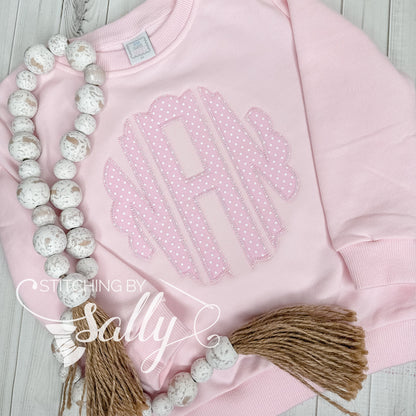 Pink on Pink Scalloped Monogram Appliqué, Scallop Monogram Crewneck, Youth Crewneck